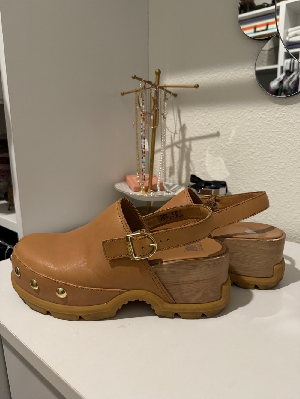 Sorel Tan Leather Slingback Clogs with Gold Buckle & Studs - Picture 1 of 7
